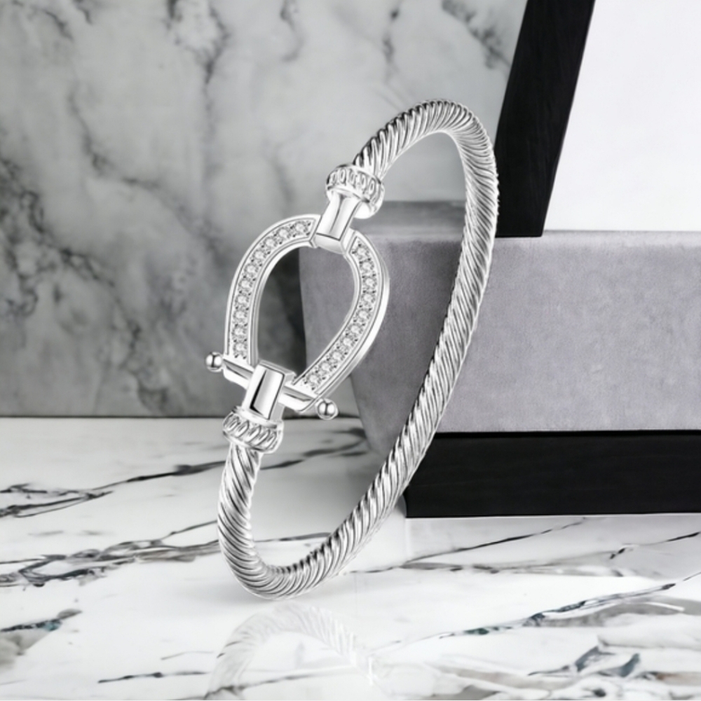 Sterling Silver 925 Horsebit Twisted Cable Zircon Crystal Luxury Bracelet - Picture 2 of 5